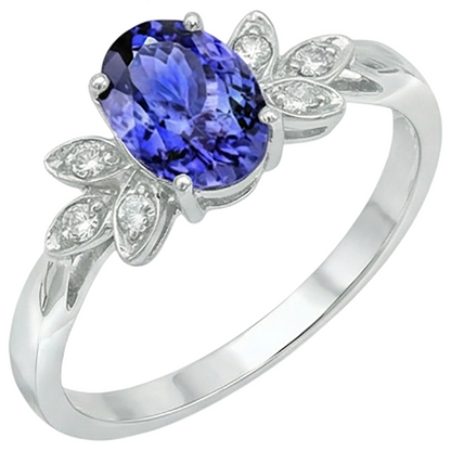 2.05 Carats Tanzanite And Natural Earth Mined Diamond Ring White Gold 14K