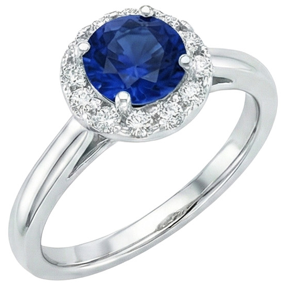 2.10 Carat Round Ceylon Blue Sapphire And Natural Earth Mined Diamond Ring White Gold 14K