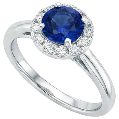 2.10 Carat Round Ceylon Blue Sapphire And Natural Earth Mined Diamond Ring White Gold 14K