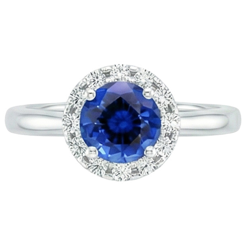 2.10 Carat Round Ceylon Blue Sapphire And Natural Earth Mined Diamond Ring White Gold 14K