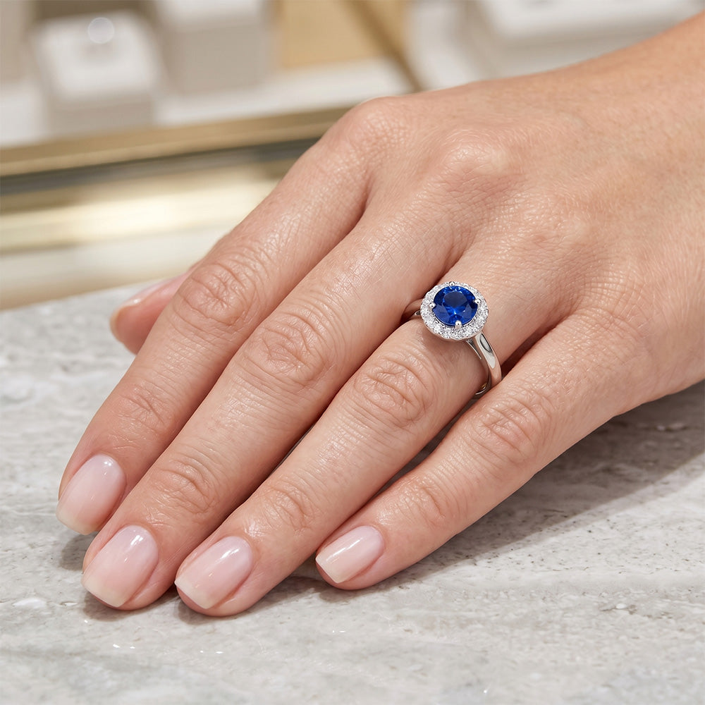 2.10 Carat Round Ceylon Blue Sapphire And Natural Earth Mined Diamond Ring White Gold 14K
