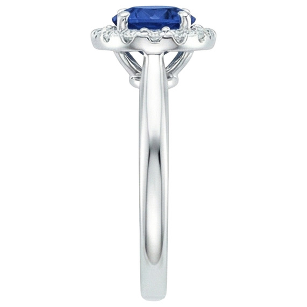 2.10 Carat Round Ceylon Blue Sapphire And Natural Earth Mined Diamond Ring White Gold 14K
