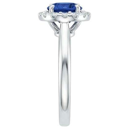 2.10 Carat Round Ceylon Blue Sapphire And Natural Earth Mined Diamond Ring White Gold 14K