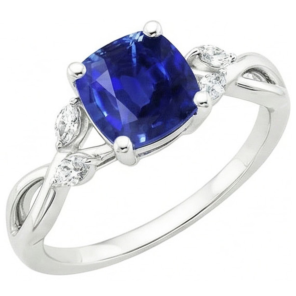 2.10 Carats Kashmir Sapphire And Natural Earth Mined Diamonds Ring 14K White Gold