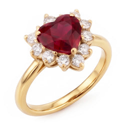 2.25 Carats Heart Cut Ruby And Natural Earth Mined Diamond Ring Yellow Gold 14K