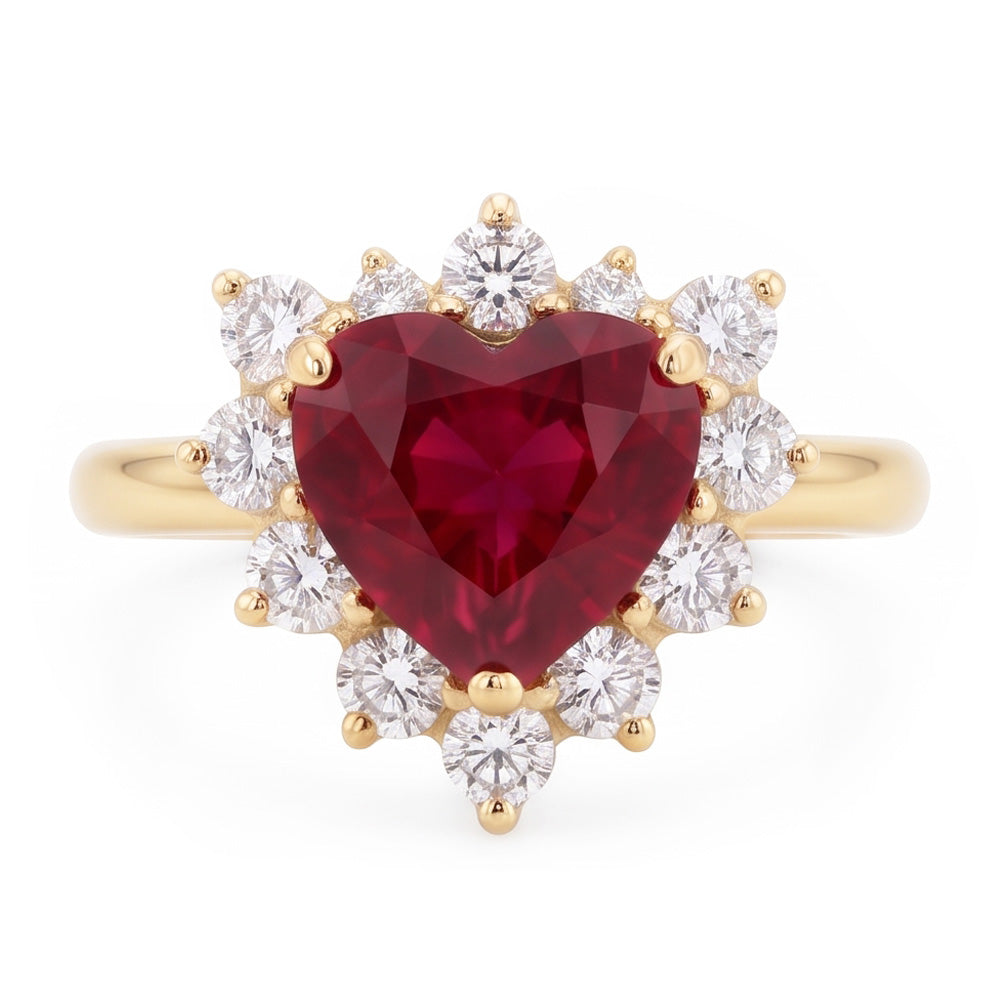 2.25 Carats Heart Cut Ruby And Natural Earth Mined Diamond Ring Yellow Gold 14K