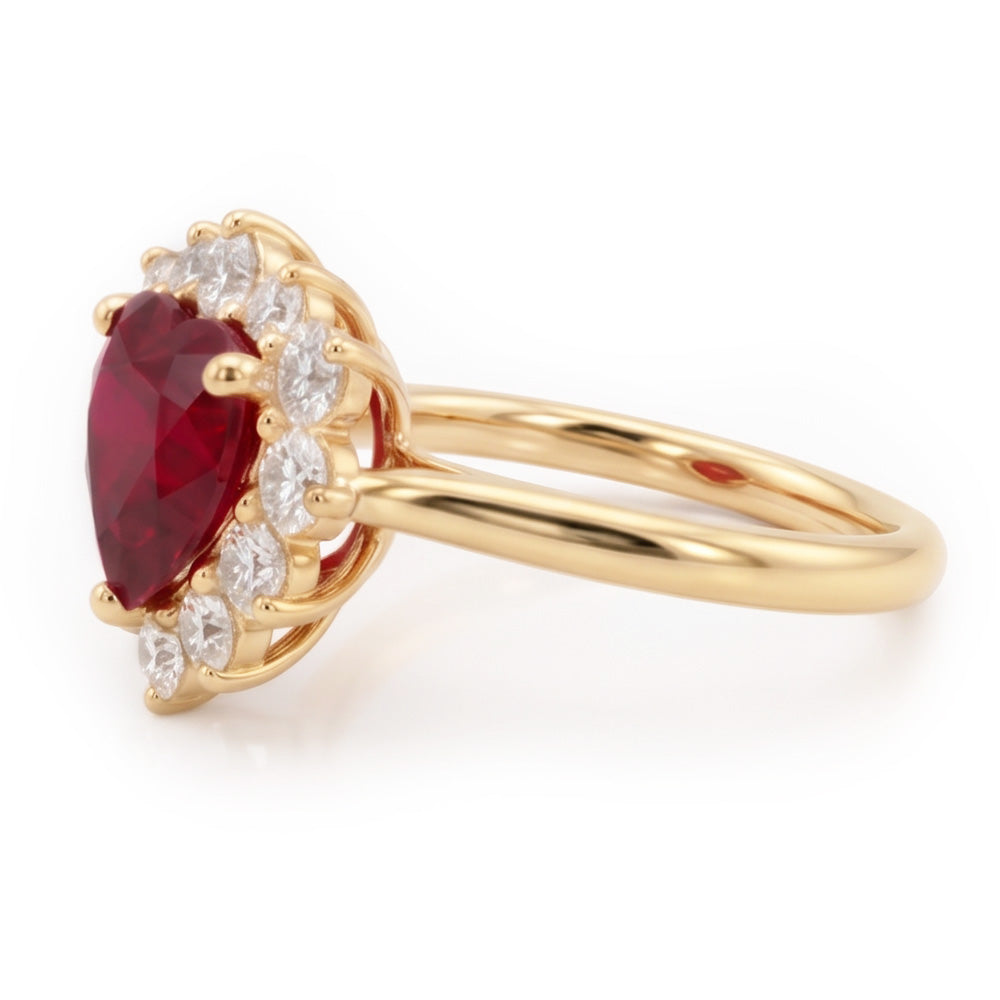 2.25 Carats Heart Cut Ruby And Natural Earth Mined Diamond Ring Yellow Gold 14K