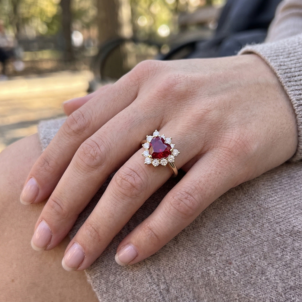 2.25 Carats Heart Cut Ruby And Natural Earth Mined Diamond Ring Yellow Gold 14K