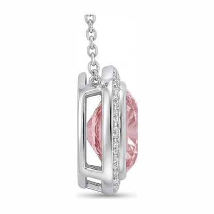 2.25 Carat Cushion Pink Lab Grown Diamond and White Diamond Halo Pendant 14K White Gold