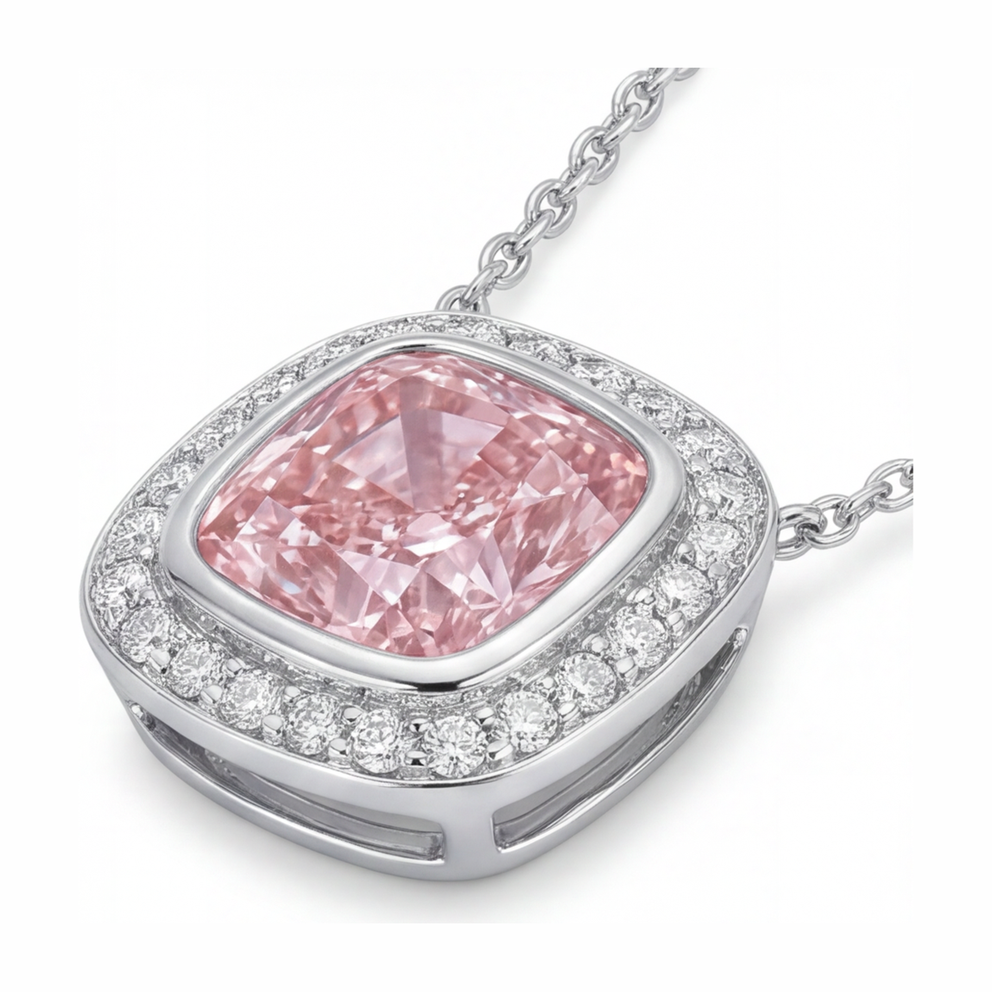 2.25 Carat Cushion Pink Lab Grown Diamond and White Diamond Halo Pendant 14K White Gold