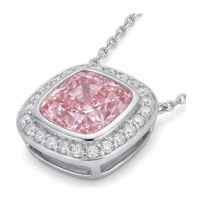 2.25 Carat Cushion Pink Lab Grown Diamond and White Diamond Halo Pendant 14K White Gold