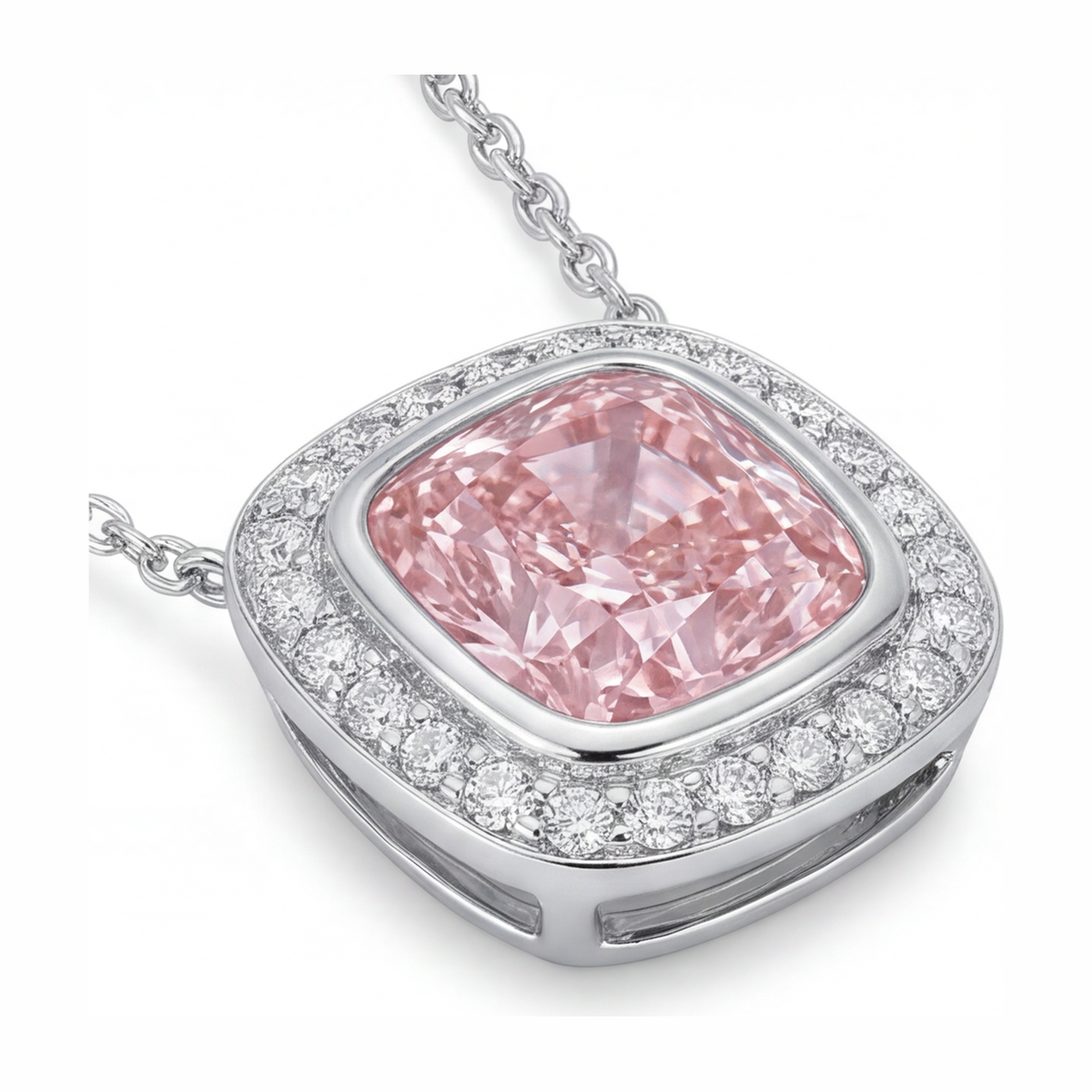 2.25 Carat Cushion Pink Lab Grown Diamond and White Diamond Halo Pendant 14K White Gold