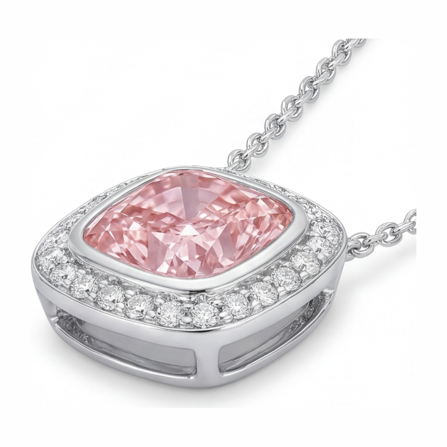 2.25 Carat Cushion Pink Lab Grown Diamond and White Diamond Halo Pendant 14K White Gold