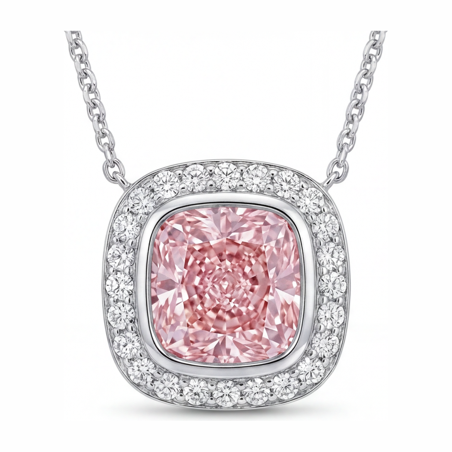 2.25 Carat Cushion Pink Lab Grown Diamond and White Diamond Halo Pendant 14K White Gold
