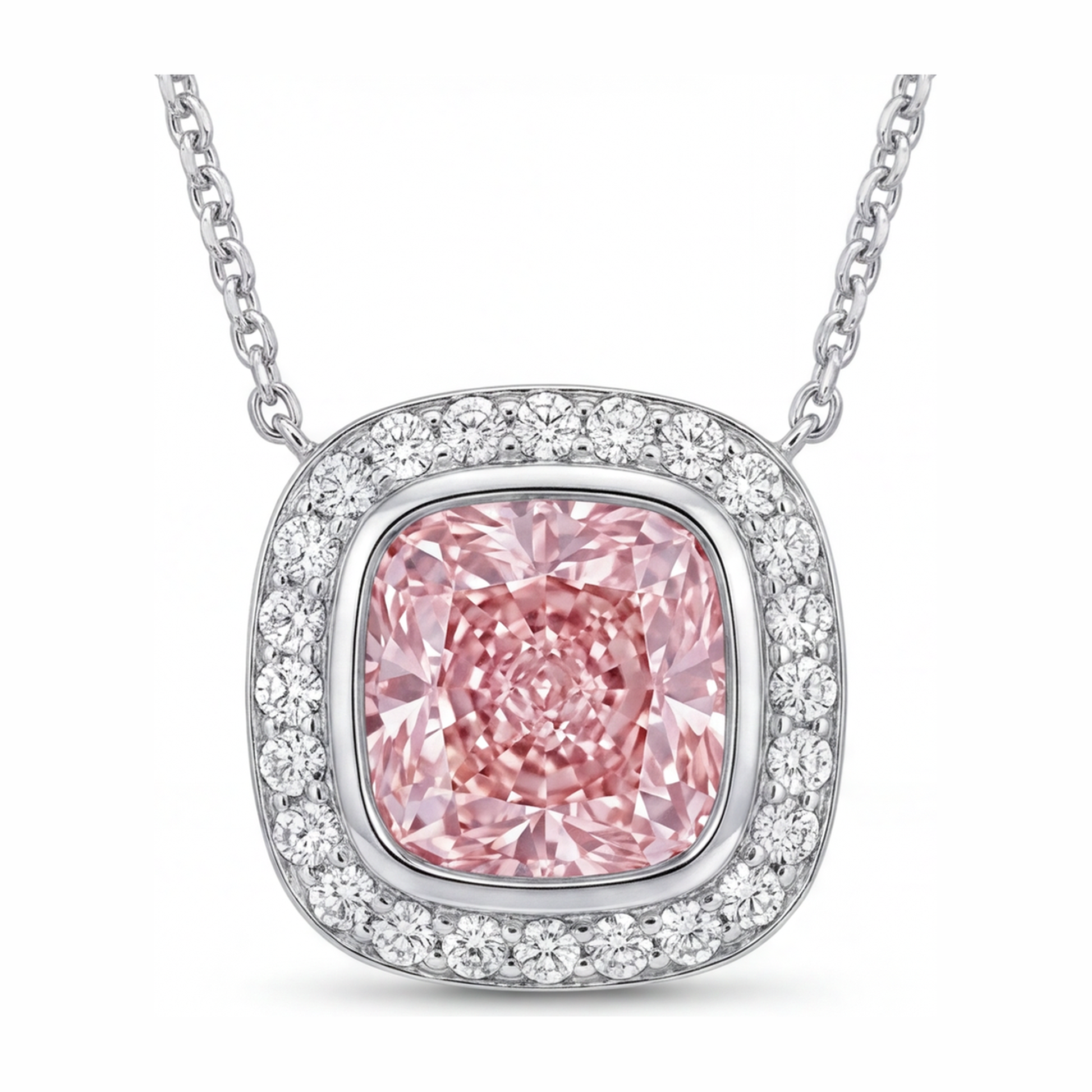 2.25 Carat Cushion Pink Lab Grown Diamond and White Diamond Halo Pendant 14K White Gold