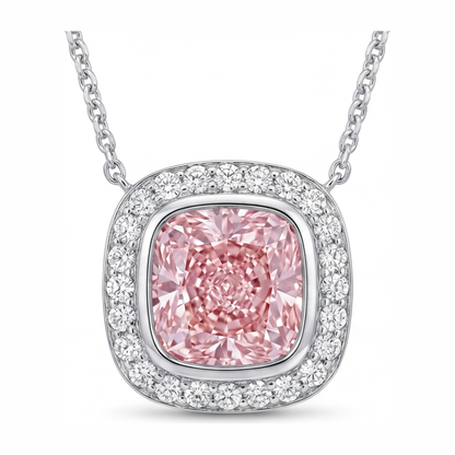 2.25 Carat Cushion Pink Lab Grown Diamond and White Diamond Halo Pendant 14K White Gold