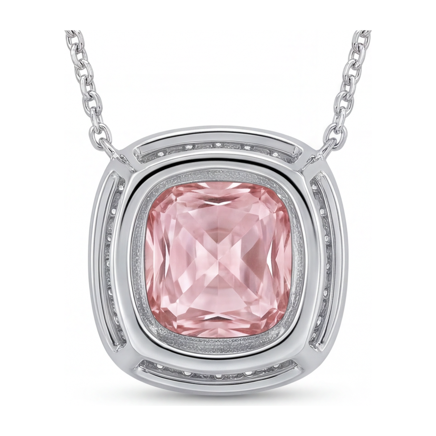 2.25 Carat Cushion Pink Lab Grown Diamond and White Diamond Halo Pendant 14K White Gold