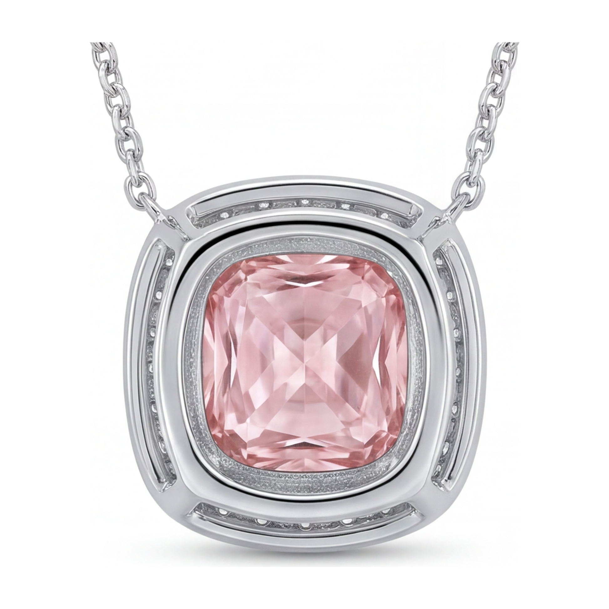 2.25 Carat Cushion Pink Lab Grown Diamond and White Diamond Halo Pendant 14K White Gold