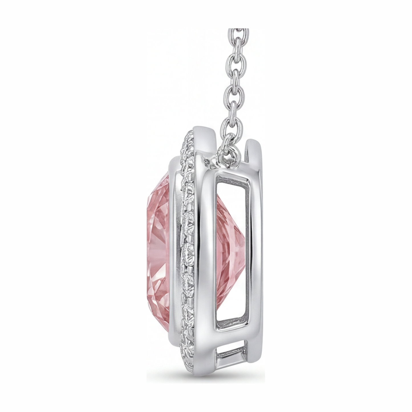 2.25 Carat Cushion Pink Lab Grown Diamond and White Diamond Halo Pendant 14K White Gold
