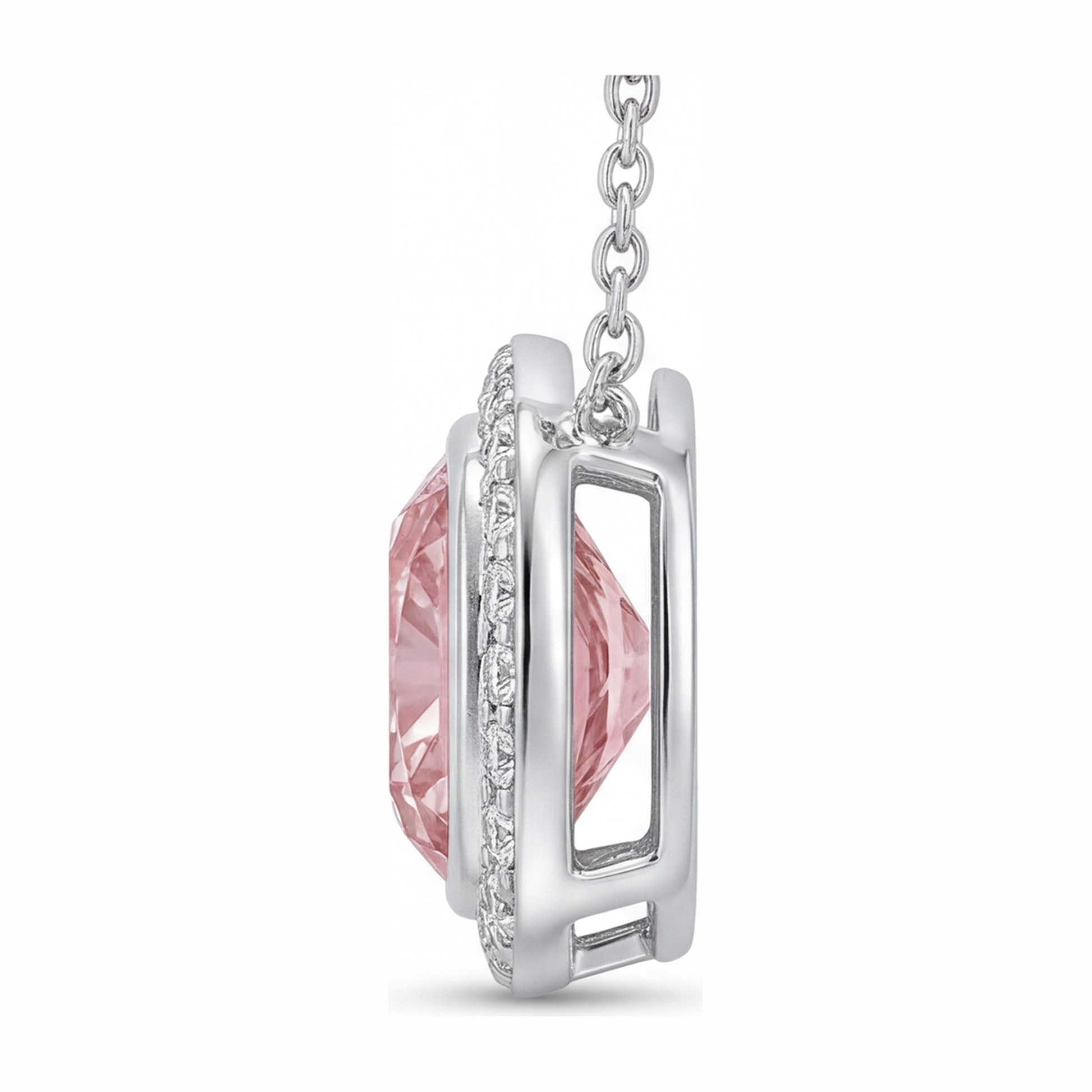 2.25 Carat Cushion Pink Lab Grown Diamond and White Diamond Halo Pendant 14K White Gold