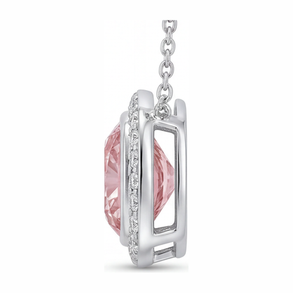 2.25 Carat Cushion Pink Lab Grown Diamond and White Diamond Halo Pendant 14K White Gold