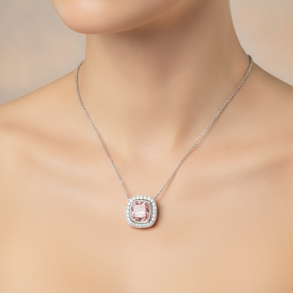 2.25 Carat Cushion Pink Lab Grown Diamond and White Diamond Halo Pendant 14K White Gold worn