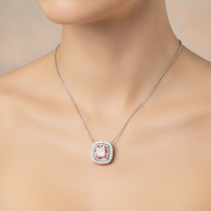 2.25 Carat Cushion Pink Lab Grown Diamond and White Diamond Halo Pendant 14K White Gold worn