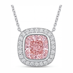 2.25 Carat Cushion Pink Lab Grown Diamond and White Diamond Halo Pendant 14K White Gold
