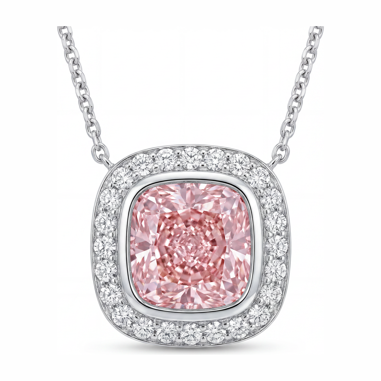 2.25 Carat Cushion Pink Lab Grown Diamond and White Diamond Halo Pendant 14K White Gold