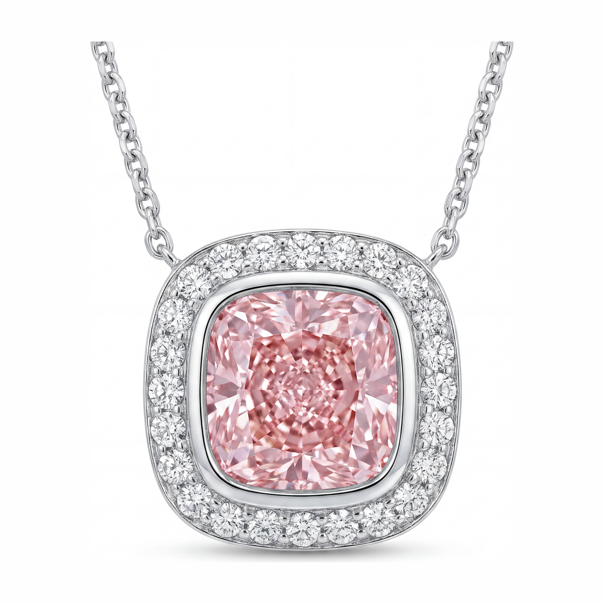 2.25 Carat Cushion Pink Lab Grown Diamond and White Diamond Halo Pendant 14K White Gold