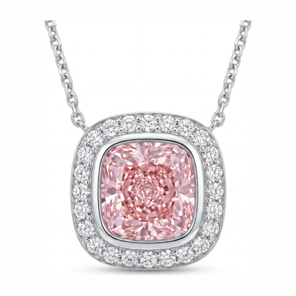 2.25 Carat Cushion Pink Lab Grown Diamond and White Diamond Halo Pendant 14K White Gold