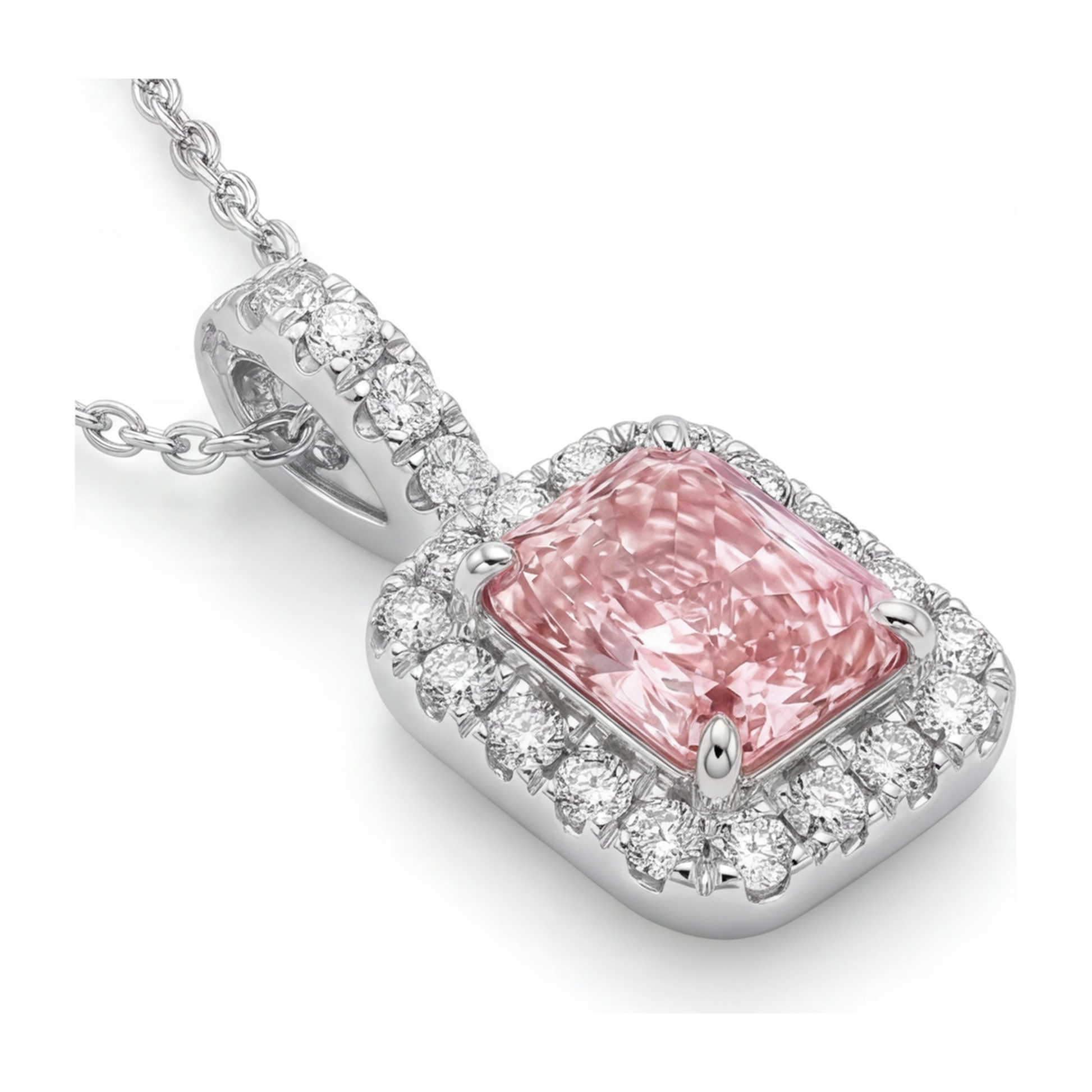 2.25 Carat Radiant Pink Lab Grown Diamond and White Diamond Halo Pendant 14K White Gold
