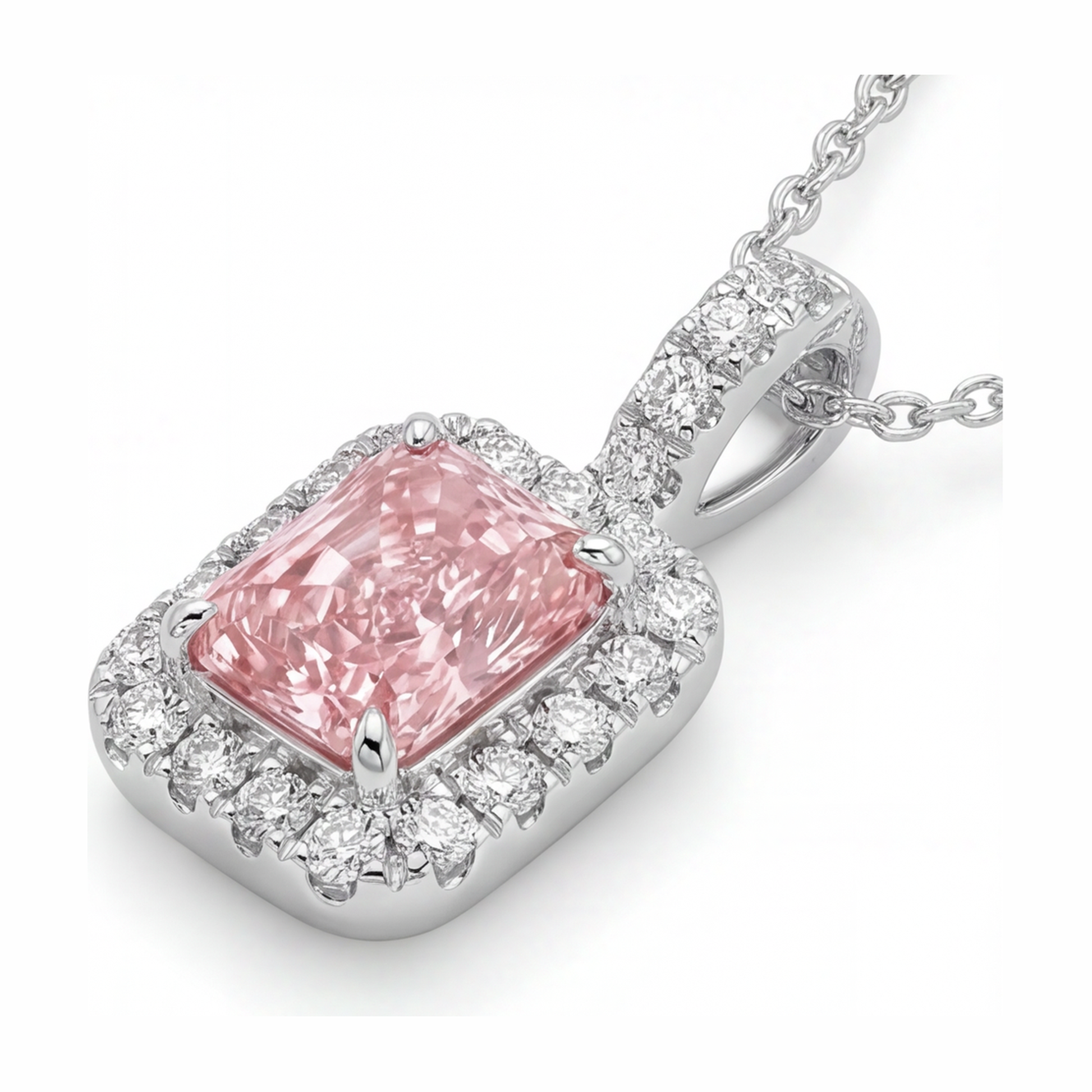 2.25 Carat Radiant Pink Lab Grown Diamond and White Diamond Halo Pendant 14K White Gold