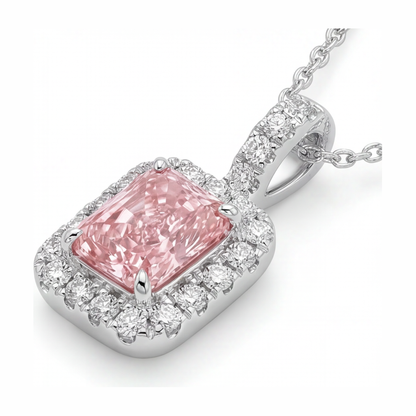 2.25 Carat Radiant Pink Lab Grown Diamond and White Diamond Halo Pendant 14K White Gold