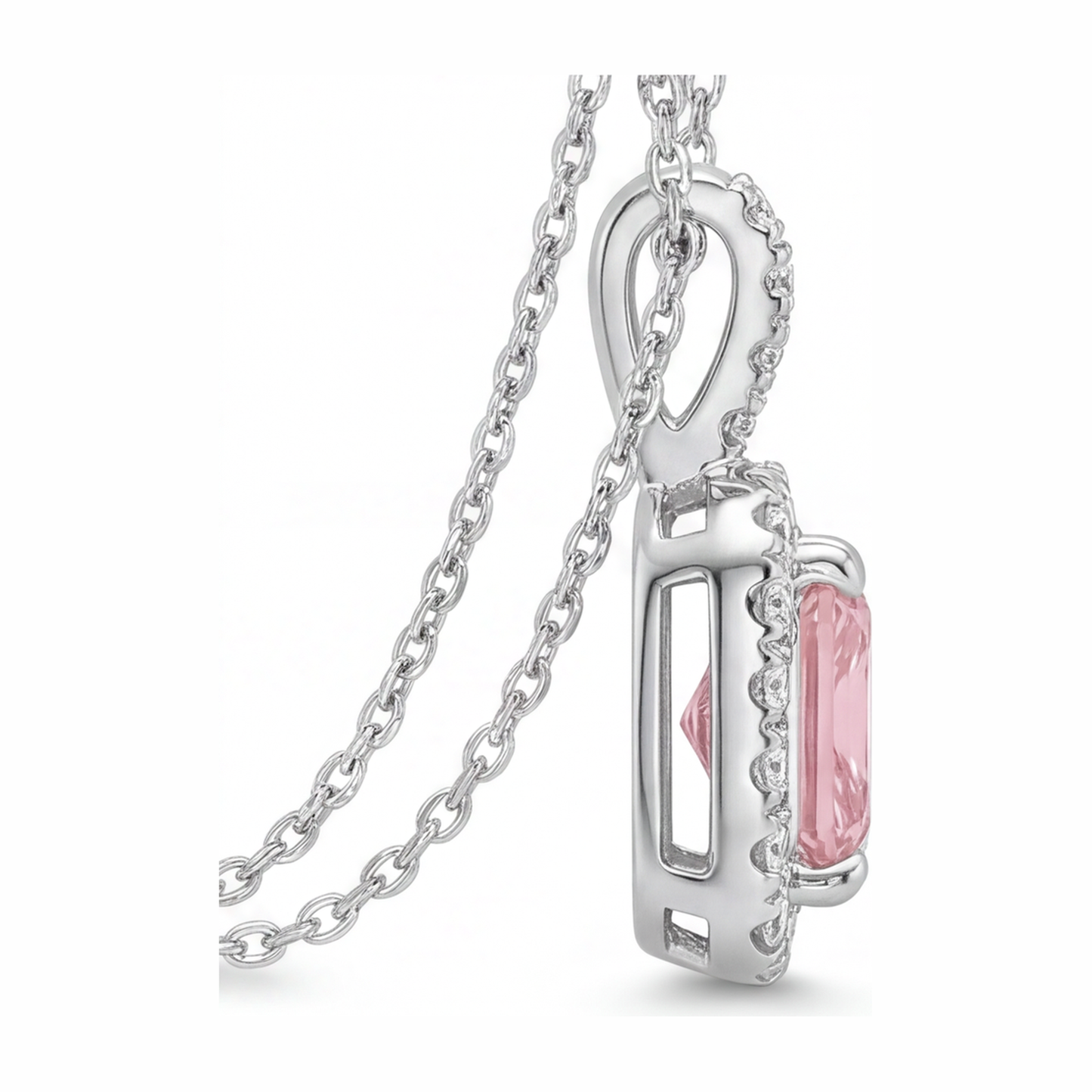 2.25 Carat Radiant Pink Lab Grown Diamond and White Diamond Halo Pendant 14K White Gold