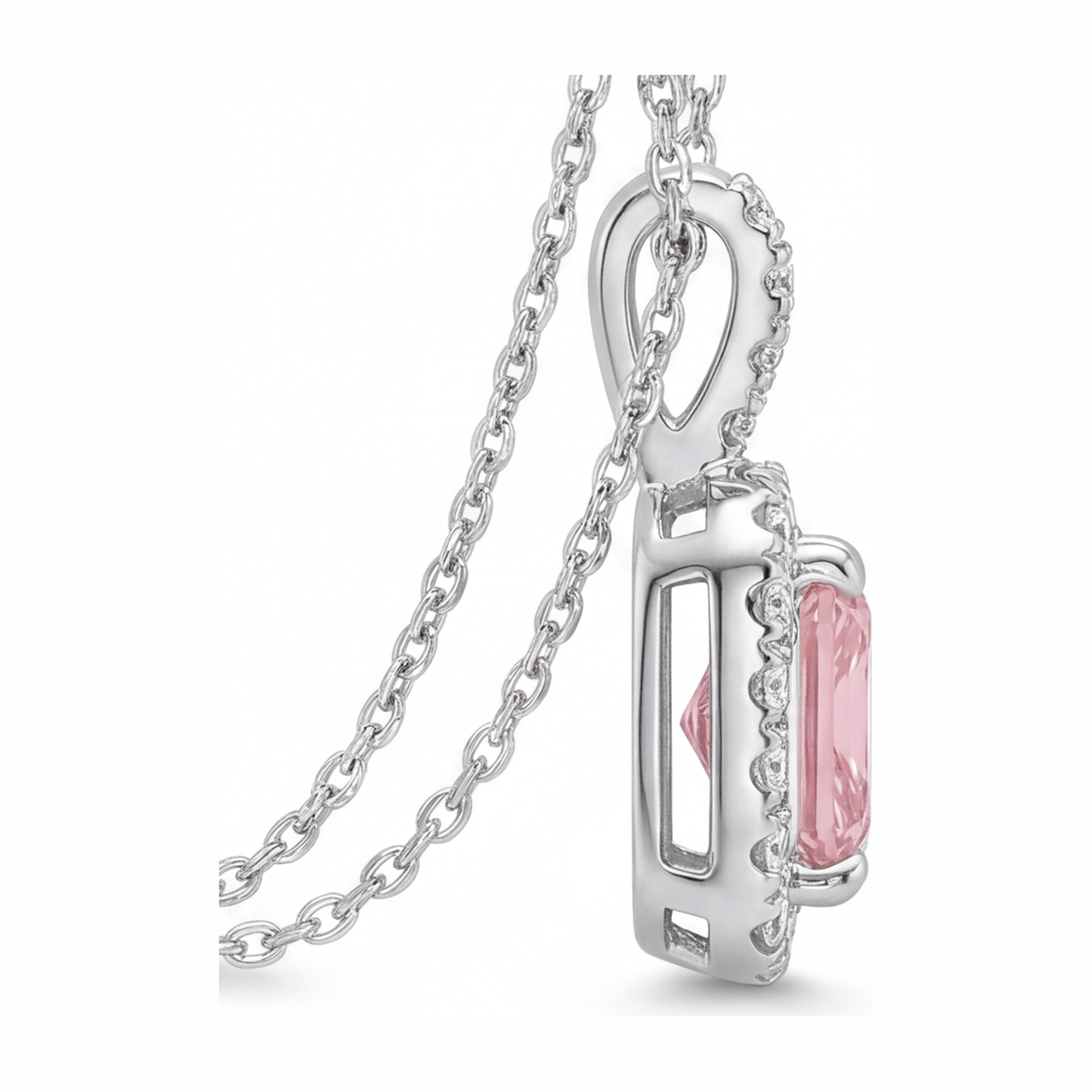 2.25 Carat Radiant Pink Lab Grown Diamond and White Diamond Halo Pendant 14K White Gold