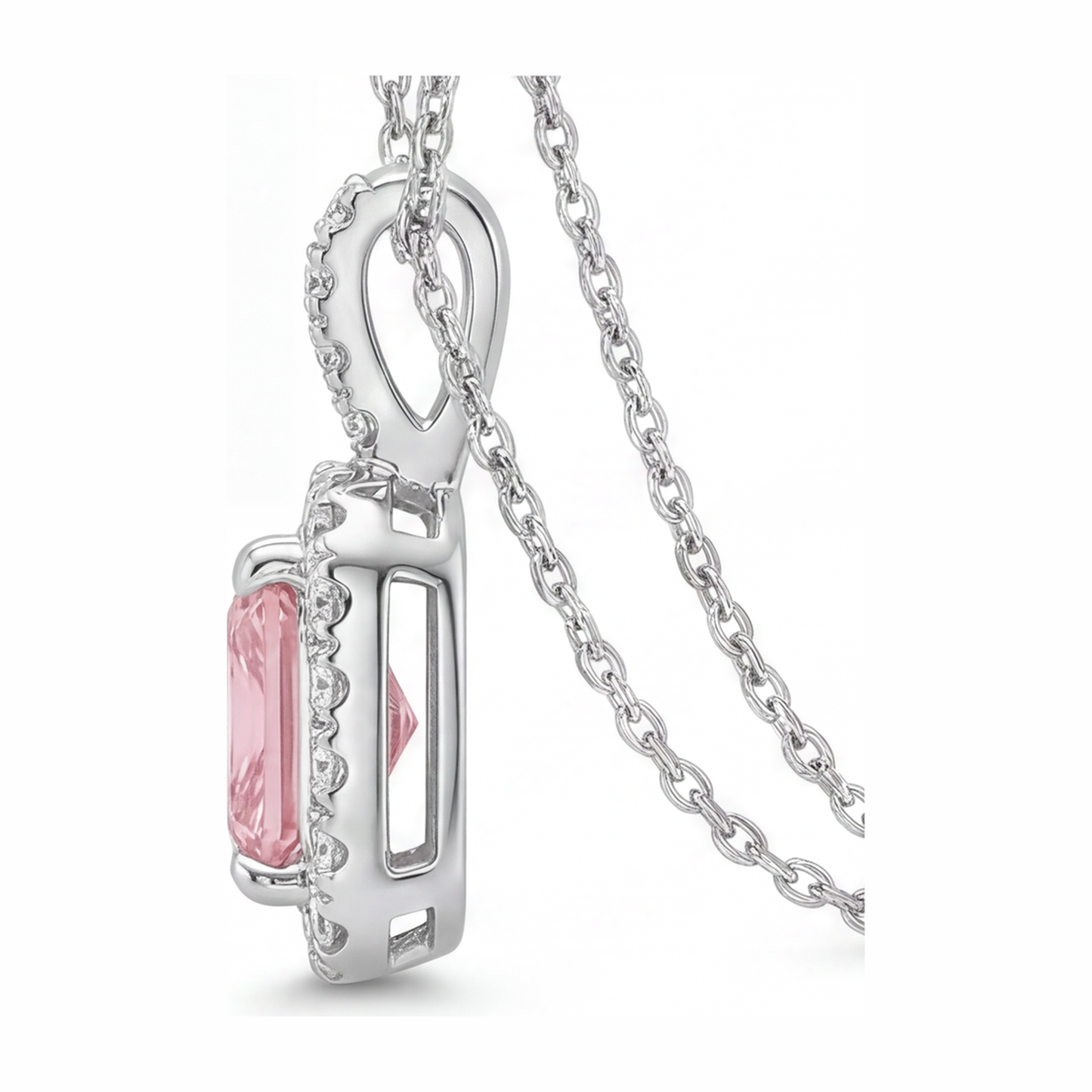 2.25 Carat Radiant Pink Lab Grown Diamond and White Diamond Halo Pendant 14K White Gold