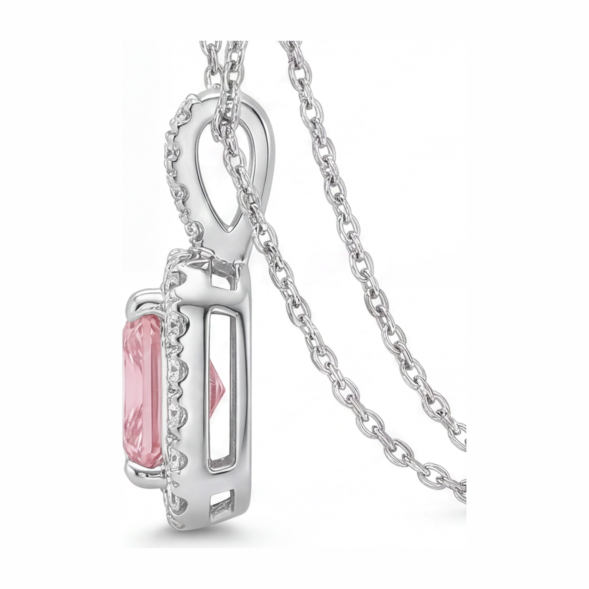 2.25 Carat Radiant Pink Lab Grown Diamond and White Diamond Halo Pendant 14K White Gold