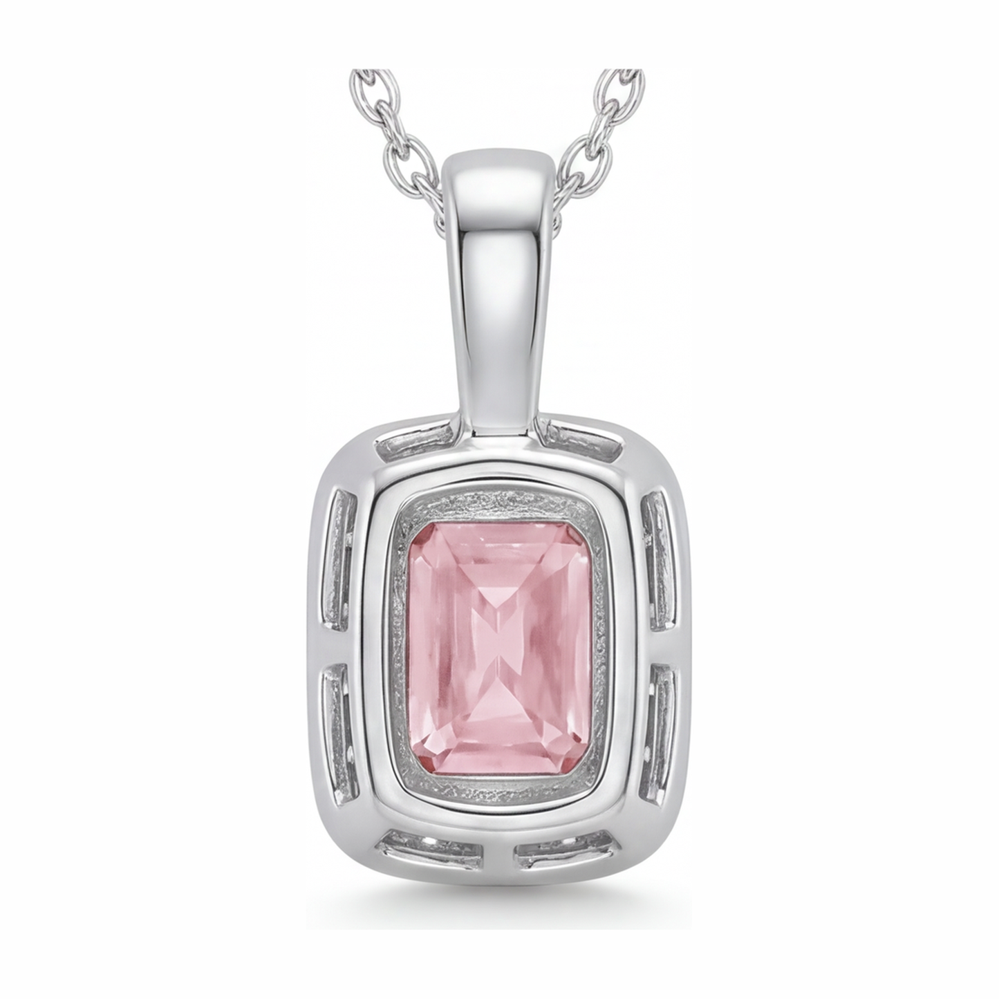 2.25 Carat Radiant Pink Lab Grown Diamond and White Diamond Halo Pendant 14K White Gold
