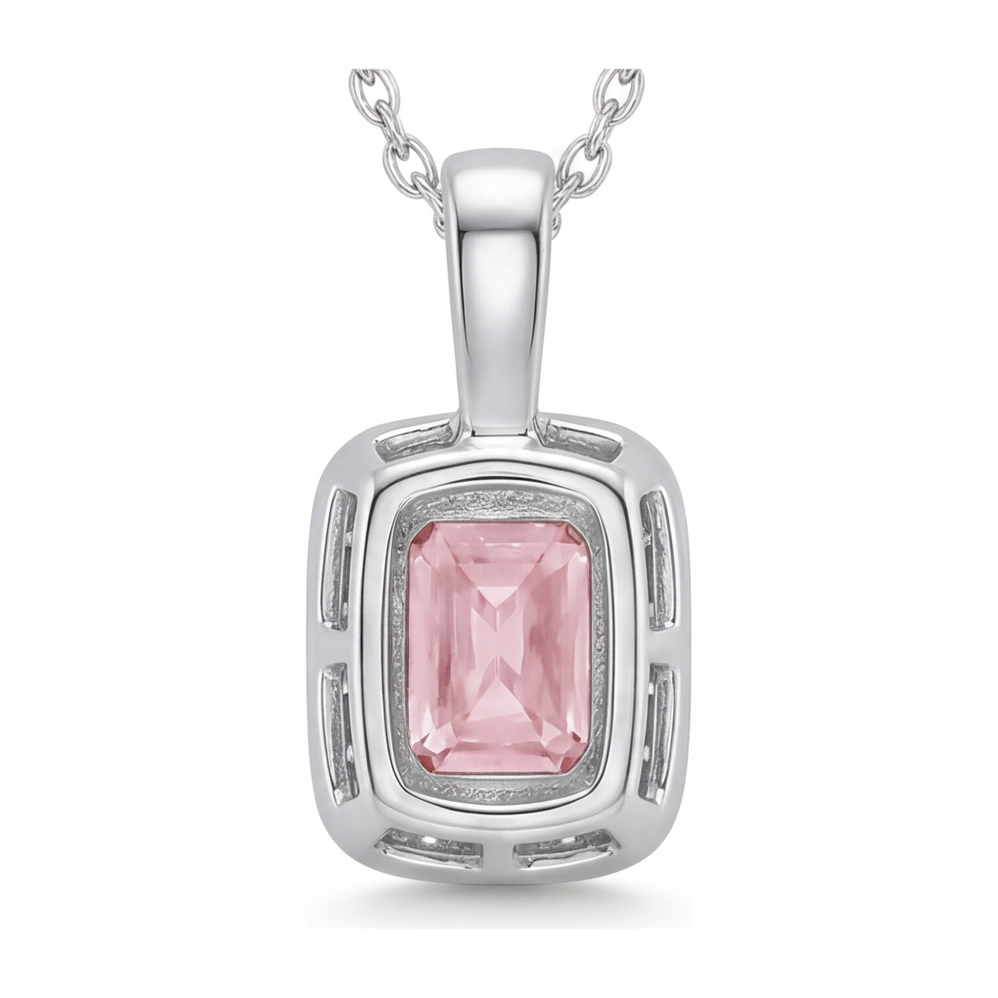 2.25 Carat Radiant Pink Lab Grown Diamond and White Diamond Halo Pendant 14K White Gold