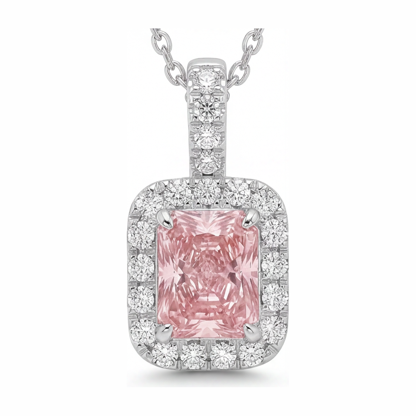2.25 Carat Radiant Pink Lab Grown Diamond and White Diamond Halo Pendant 14K White Gold