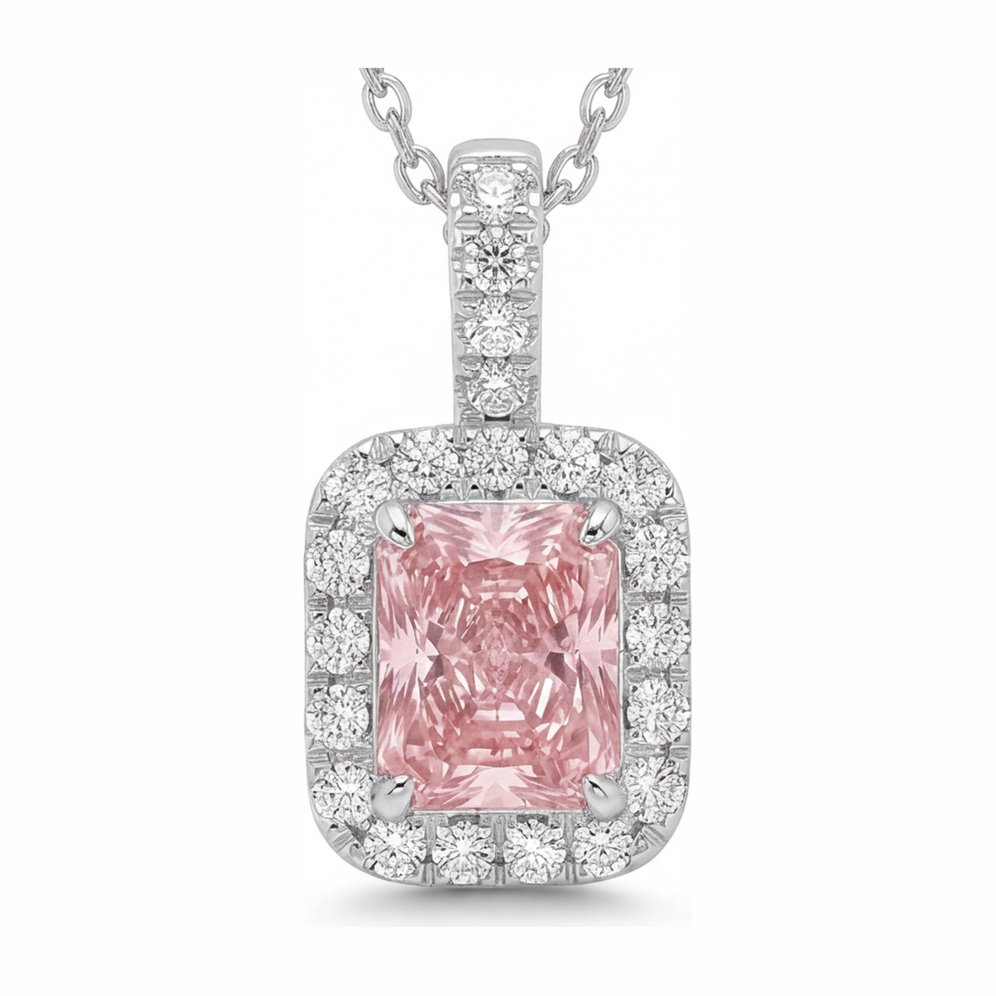 2.25 Carat Radiant Pink Lab Grown Diamond and White Diamond Halo Pendant 14K White Gold