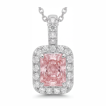 2.25 Carat Radiant Pink Lab Grown Diamond and White Diamond Halo Pendant 14K White Gold