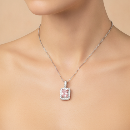 2.25 Carat Radiant Pink Lab Grown Diamond and White Diamond Halo Pendant 14K White Gold worn