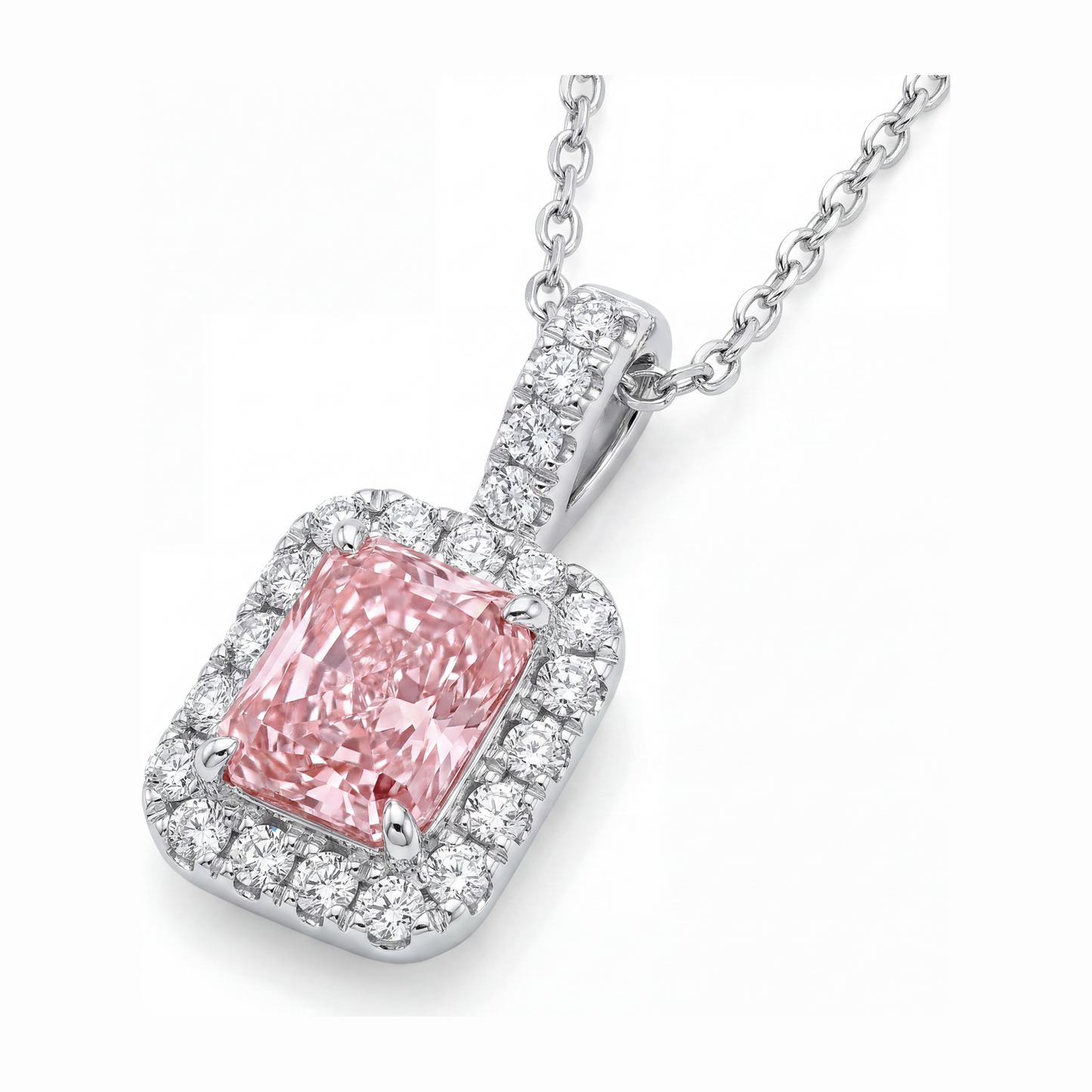 2.25 Carat Radiant Pink Lab Grown Diamond and White Diamond Halo Pendant 14K White Gold