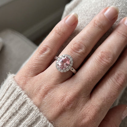 2.26 Cts. Halo Pink Oval Gemstone Anniversary Ring White Gold