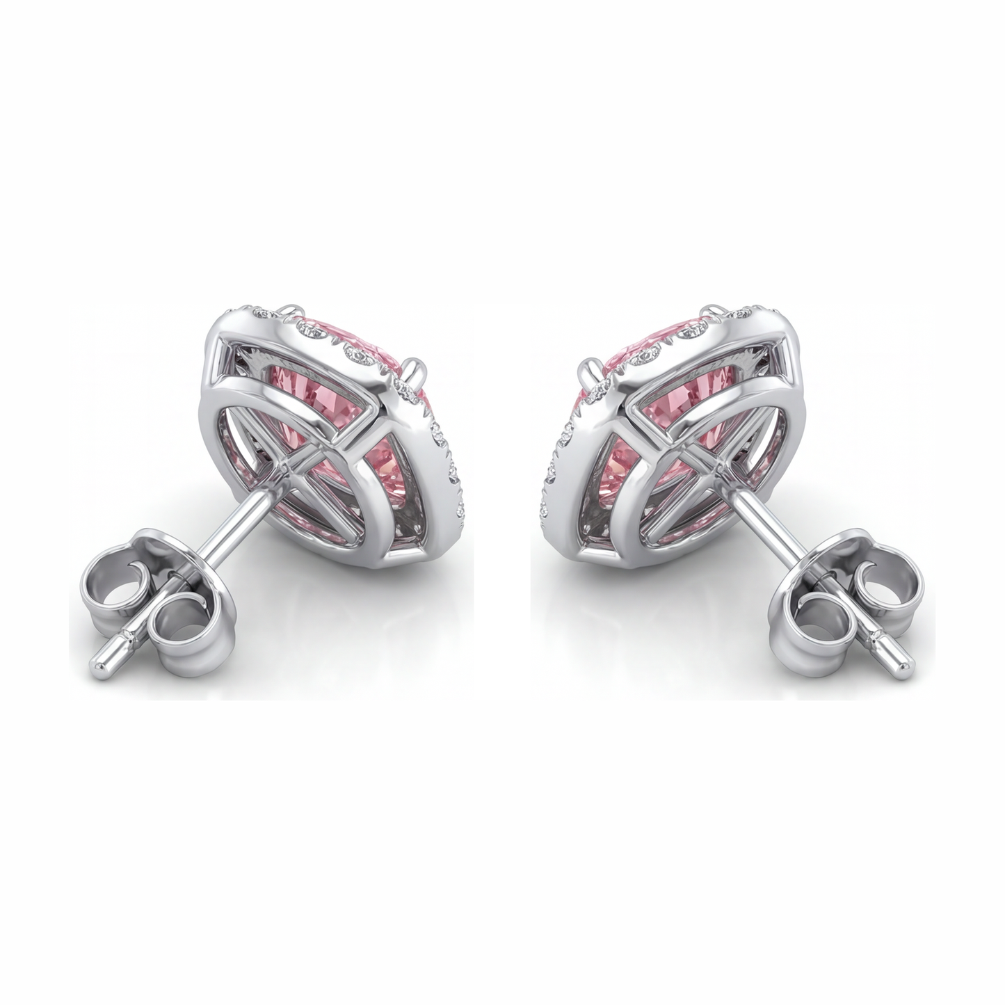 2.5 Carat Cushion Pink Lab Grown Diamond and White Diamond Halo Earrings 14K White Gold