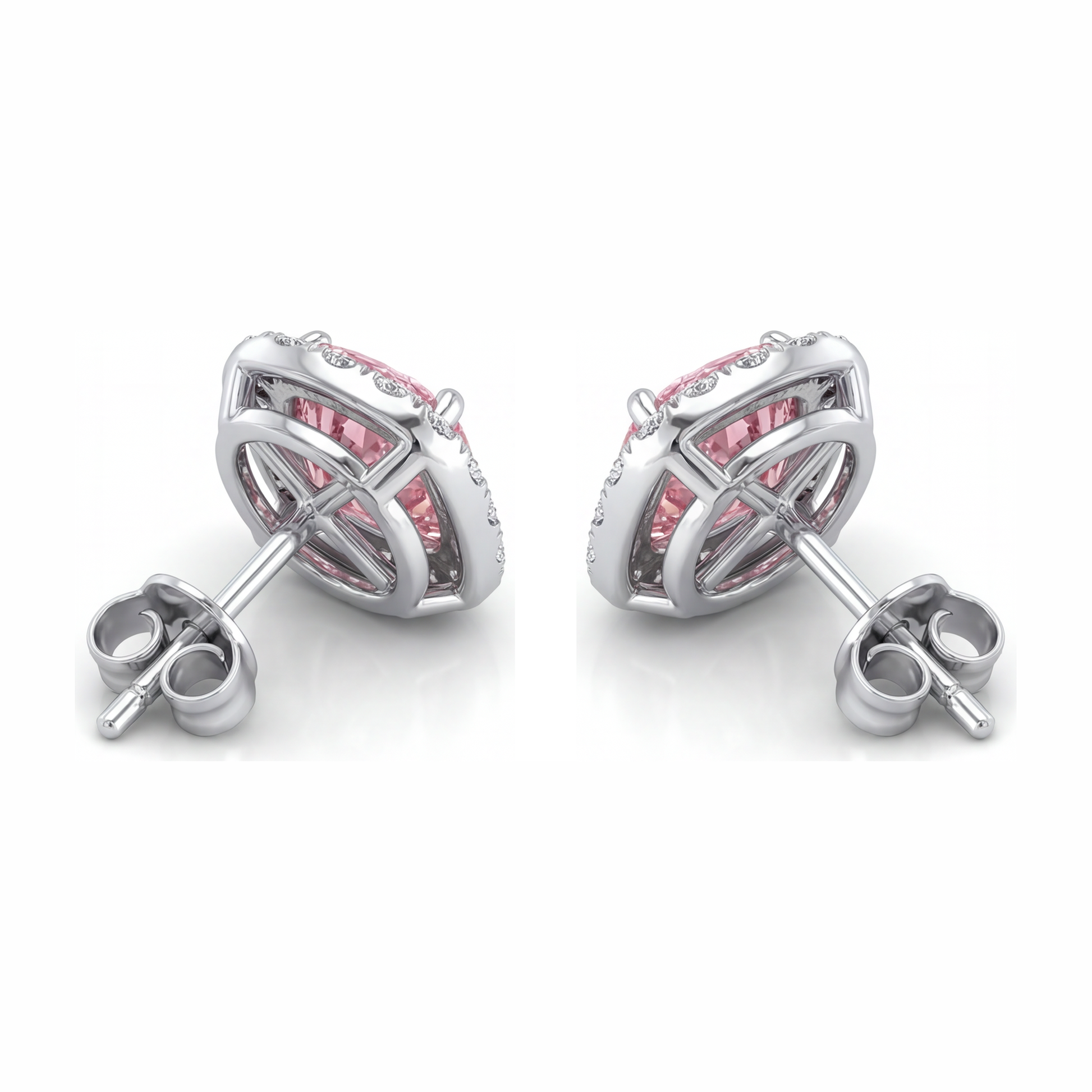 2.5 Carat Cushion Pink Lab Grown Diamond and White Diamond Halo Earrings 14K White Gold