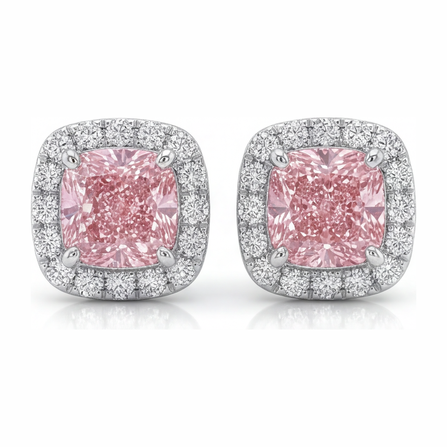 2.5 Carat Cushion Pink Lab Grown Diamond and White Diamond Halo Earrings 14K White Gold