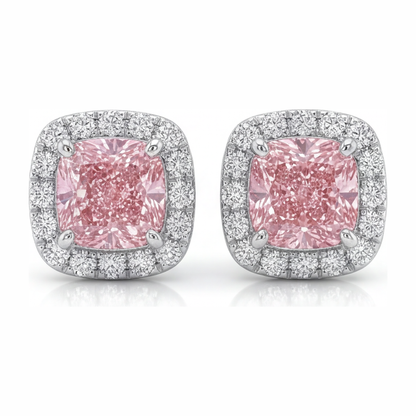 2.5 Carat Cushion Pink Lab Grown Diamond and White Diamond Halo Earrings 14K White Gold